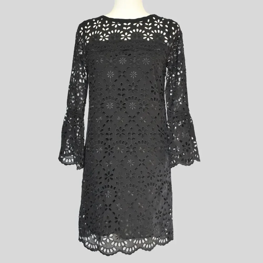 J.Crew Embroidered Eyelet Bell Sleeve Shift Dress Black 00 Mini Scallop NWT